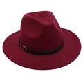 Detail of burgundy fedora hat with black leather strap and gold metal buckle trim - One Size / Wine Red (Single Band)
