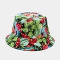 Detail of tropical cactus and red floral pattern on the reversible cotton sun hat - Cactus and Red Flowers (3# Color)