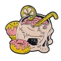 Pink skull enamel pin featuring sweet donuts and brain design with alloy finish - Skull Drink Donut (xz7765)