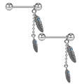 Silver stainless steel nipple rings with dangling feather charms and blue rhinestones - Blue Zircon Feather Single