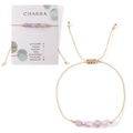 Verstellbares goldenes Webarmband mit lila Natursteinen und Chakra-Präsentationskarte - Amethyst