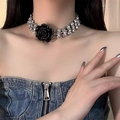 Gothic black rose choker with triple-row rhinestones worn on neck for women - Flower