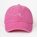 Detailed macro view of embroidered wave pattern on peach pink washed cotton baseball cap - Rose Red