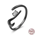 Cute black s925 sterling silver cat open ring with minimalist matte finish and cat tail design - Adjustable Open Ring / Black