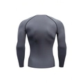 Detail view of breathable grey compression shirt with contrast stitching on high-stretch fabric - Gray