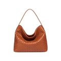Caramel brown woven leather hobo bag with wide shoulder strap in premium matte finish - Dark Brown