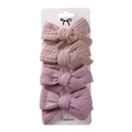 Close-up of four-piece linen bow hair clip set in dusty pink and lilac purple colors - Dusty Pink & Lavender