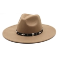 Camel wide brim wool felt jazz fedora hat with bohemian studded leather band and rivets - M (56-58cm) / Deep Purple Grey