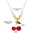 Golden necklace featuring red cherry pendant with white pearls and gold bead details - N01166-03 Double Red Cherry Pearl Necklace