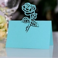 Sky blue laser-cut rose place card for weddings with delicate floral hollow design - Tiffany Blue