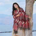 Red paisley thick pashmina shawl with tassels for women worn at the lakeside - Authority Red Paisley Ethnic Shawl