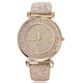 Women's gold quartz watch with rhinestone bezel and glitter sand dial on white background - Khaki