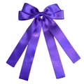 Detail of a purple satin double-layer bow hair clip with flowing ribbons on white background - Deep purple