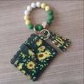 Deep green sunflower wallet keychain with white and yellow silicone bead wristlet strap - Sunflower Print Card Holder with White Yellow Green Silicone Beads