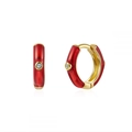 Detail of red enamel C-shape earrings with gold plating and white zircon inlay details - 24K / Red Enamel Small Hoop (JQH0020-GG-9)