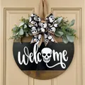 Halloween skeleton welcome wreath with black bow and white wood door hanging sign - Style B (Skull)