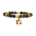 Natural yellow citrine and obsidian beaded bracelet with golden bee honeycomb charm pendant - Mixed Color + Rose Gold Honeycomb