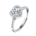 Silver crown ring with round solitaire zircon and heart halo in adjustable open design - Adjustable Open / J95 1 Carat