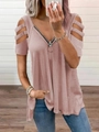 Pink waffle knit T-shirt with V-neck zipper and cold shoulder cut-out details - S / Pink