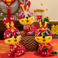 Set di tre peluche coniglietto a fiori cinesi tradizionali con simboli beneauguranti - 20cm / Coniglio in Tessuto Floreale Testa Inclinata