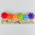 Wooden busy board with colorful plastic gears and rainbow bee pattern for kids - Bee Flower Gears