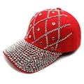 Luxe red baseball cap with sparkling silver rhinestone grid and crystal studded brim - M (56-58cm) / Red