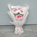 Handmade knitted pink flower bouquet with Happy Everyday ribbon for desktop decoration - Holding A Rose In Gradient Pink