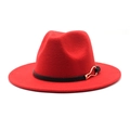 Detail of red wool fedora hat with black leather band and golden buckle detail - Red