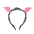 Detailed view of pink bat wing headband with black lace trim and plastic finish - Pink Bat Lace Headband