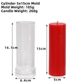 5x15cm cylindrical candle mold made of transparent plastic with finished red candle display - Cylinder 5x15cm