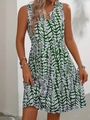 Women sleeveless A-line dress with green abstract leaf print and metal ring neckline - S / Green