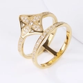 Elegant gold double-layered open ring with sparkling diamond-set four-petal flower design - US 6 / Gold