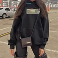 Black oversized cotton hoodie for women with dollar print and matching mini leather bag - S / Black (Thin Style)