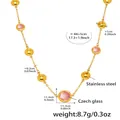 Golden stainless steel necklace featuring a pink round glass stone and metal spheres - 44+5cm / Gold Pink