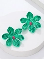 Vintage oversized green metal hollow flower earrings with red bead accents for women - 兰花造型耳环(1149)