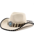 Classic western ivory cowboy hat with turquoise beaded band and black braided edge trim - M (56-58cm) / Beige with Black Whipstitch
