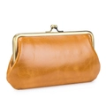 Vintage caramel genuine leather kiss-lock clutch bag with a textured finish - Earthy Yellow