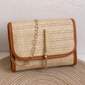Sac bandoulière en paille beige avec garniture en cuir marron et chaîne dorée chic - Marron (Style à Glands)