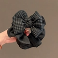 Elegant black and grey plaid bow scrunchie made of textured fabric for women - Black Gray Checkered Bow Scrunchie