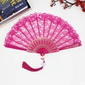 Elegant rose red lace folding fan with golden floral ribs and silk tassel accessory - Rose Red with Tassel