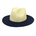 Close-up of dual-tone straw fedora with cream crown and navy blue brim weave texture - M (56-58cm) / Navy & Cream