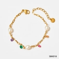 Gold stainless steel anklet featuring colorful oval gemstones and white pearls - Gold Multicolor (SBK018)