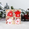 Christmas painted wooden ornaments set with angel and tree motifs in a gift box - Red White Tree and Angel Style (Q-G09) / Set of 12