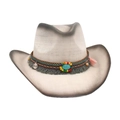Cappello da cowboy in paglia bohémien beige con perline colorate e nappe grigie - Taglia unica / Bianco e Nero (Stile Etnico)