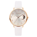 Detailed close-up of rose gold quartz watch with moon pattern and white strap - Watch Only / White