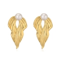 Elegant gold feather earrings with white pearls and textured finish on a white background - Leaf with Artificial Pearl Shape / Style E Gold