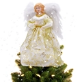Illuminated white angel Christmas tree topper with gold embroidery and feather wings - Gold Pattern Angel / With LED Battery Box (Batteries Not Included)