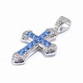 Silver cross pendant featuring a central blue square crystal with micro-set diamonds - Blue and White Stone