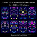 Neon Halloween face tattoos with glowing Mexican skull designs and Day of the Dead themes - 8 Pcs Set Fluorescent Face Stickers FV001-008