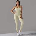 Detail of seamless ribbed knit texture on a square neck yellow athletic bodysuit - Oatmeal Milk
